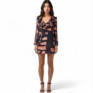 Topshop Satin Ruffle V-Neck Mini Tea Dress Long Sleeve Black Size 6 NWT